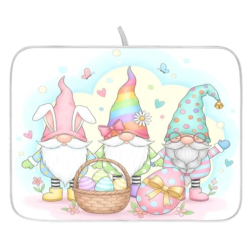 Colorful Easter Cute Gnomes Dish Drying Mat for Kitchen Counter Absorbent Microfiber Large Drying Pad Dish Mats for Kitchen Countertops 18 x 24 Inch