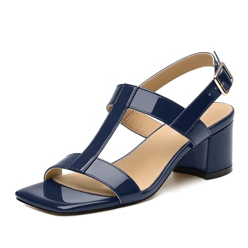 MODENCOCO Women's Strappy Heeled Sandals Chunky 2 Inch Slingback Square Open Toe Heels Comfortable Casual Summer Dress Shoes with Buckle