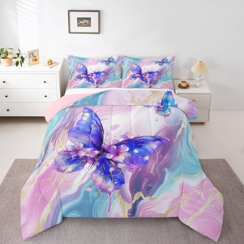 Image of Erosebridal Floral Marble Butterfly Comforter King Size for Kids Teens Adults,Purple Blue Tie Dye Bedding Set,Elegant Marble Texture Duvet Insert,Modern Aesthetic Quilt Bedroom Decor