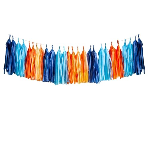 Image of Dark Blue,Light Blue and Orange Tassel Garland Banner Paper Tassels for Party Decorations,Pack of 15