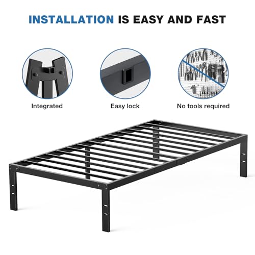 Image of OLIXIS 14in Metal Twin Bed Frame High with Storage Space, Sturdy Steel Slat Support with 800LBS Heavy Duty, No Box Spring Needed, Easy Assembly, Black for Bedroom