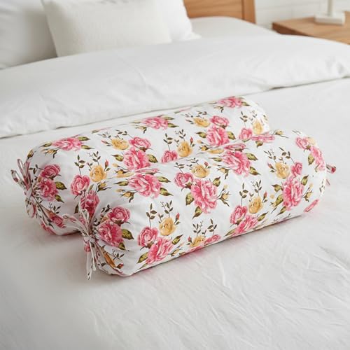 Image of IVAZA 240 TC Soft Ezyption diwan Cover Set Cotton 6 Pieces Designer Printed Standard diwan Cover Set (1 Single Bedsheet, 2 Bolster Covers, 3 Cushion Covers) Pink White