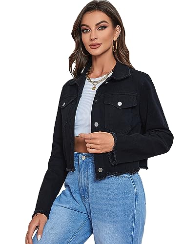 Women's Cropped Jean Jacket Button Up Casual Ripped Frayed Washed Denim Jacket