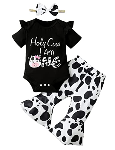 Slanavel Baby Girl First Birthday Outfit - Holy Cow I'm One - Girl Clothes (Black-Short, 18-24 Months)