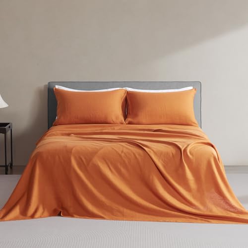 DAPU Pure Linen Sheets Set, 100% French Linen from Normandy, Breathable and Durable for Hot Sleepers, 4 Pcs Set - 1 Flat Sheet, 1 Fitted Sheet, 2 Pillowcases (Sunrise, King)