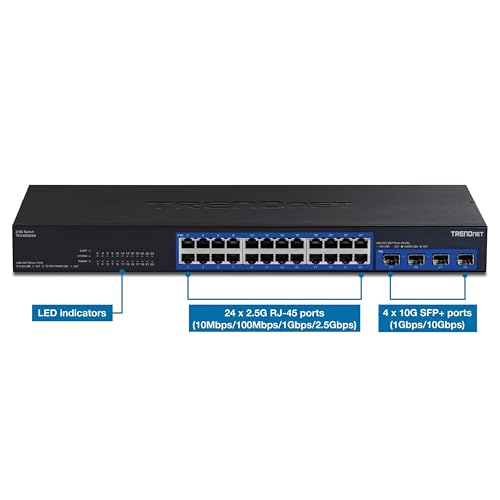 Image of TRENDnet 28-Port Multi-Gig Switch, TEG-S50284, 24 2.5Gb RJ45 Ports, 4 x 10G SFP+ Ports, NDAA TAA Compliant, Lifetime Protection, 200Gbps Switch Capacity, Rack Mount Ready, Black