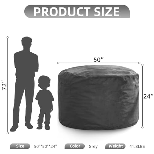 Image of Hobestluk Adults Bean Bag Chair 5FT Big BeanBag Chair Giant Large Oversized | Memory Foam,Washable Cover,Side Pocket,Handle,Lightweight Round Dorm Chair Large Adult Bean Bag Study Room Gaming | Grey 5FT