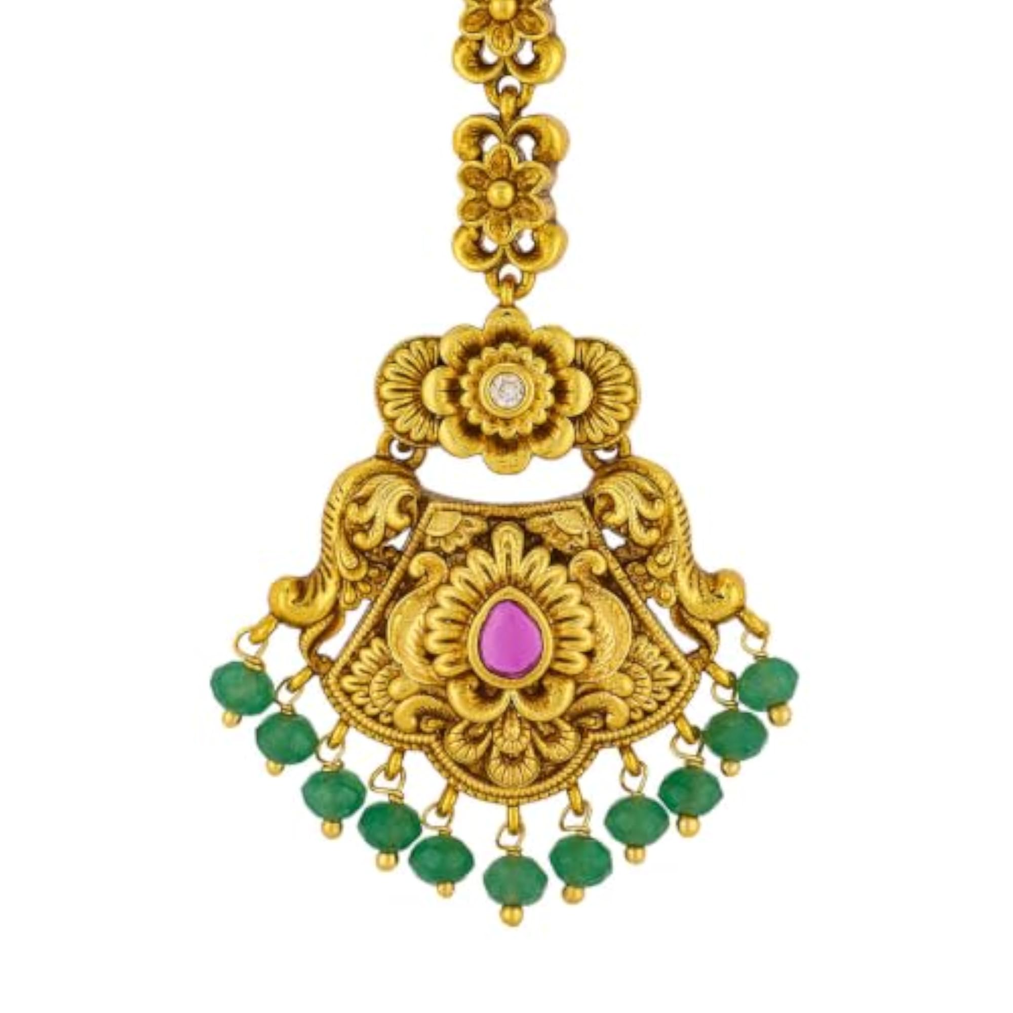 Ruby-Green Plated Antique Maang Tikka for Bridal and Ethnic Wear