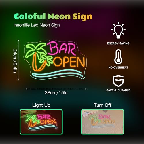 Image of ineonlife Coconut Tree Open Neon Sign Bar Neon Signs for Wall Decor Palm Tree LED Lights for Beer Bar Cafes Man Cave Shop Hotel Party Decorations Teen Boy Gift