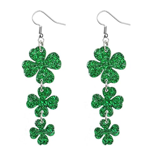 St Patricks Day Dangle Earrings for Women, Irish Shamrock Four Leaf Clover Jewelry - Glitter Acrylic Green Earrings, Good Luck Festive Accessory for P