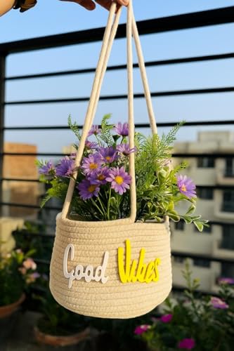 Image of ZAVEZA- Eco Friendly Hanging Planters Cotton Rope Basket, Plant Holder with Large Handle Set of 1 (Size- 8 X 6 Inches)