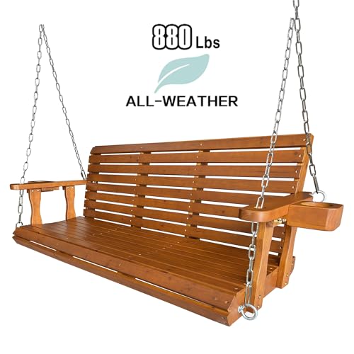 Image of Fortune Candy Wooden Porch Swing, Warm Teak Color, 5 FT Extra Large