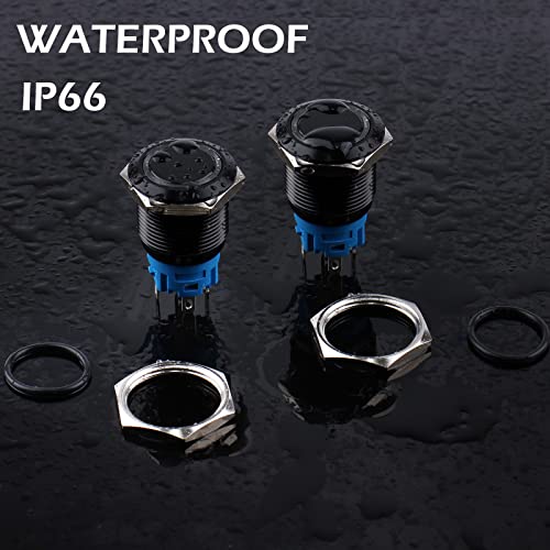 Image of 2PCS 19mm Metal Waterproof Anti-Vandal Latching Push Button Switch Self-locking black Shell with Pre-wired Socket Plug for 3 /4 inch Mounting Hole 12V-24V ON OFF 5Pins 1NO 1NC Halo Ring LED Light Blue