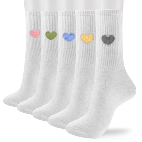 Image of Corlap Women's Cotton Crew Calf Socks - 5 Pairs Ankle High Dress Casual Socks, Fun Cute Heart Gifts for Mom Mother