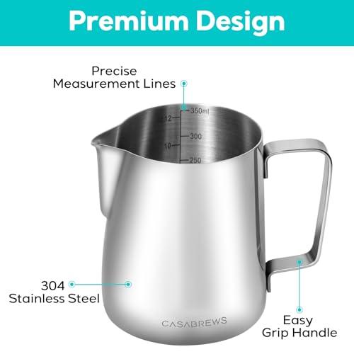 Image of CASABREWS CASMP350 Milk Frothing Pitcher with Sharp Spout, 350ml (12oz) | Stainless Steel, for Cappuccino or Latte Art, V-Sharp Mouth Design, Ergonomic Handle, Easy To Clean