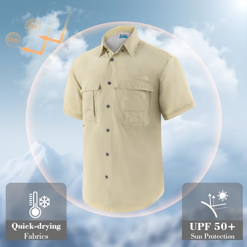 Men's Short Sleeve Fishing Shirts, Quick Dry UPF 50+ Sun Protection Shirts for Hiking, Camping, Beach (Khaki, Lake Blue)3