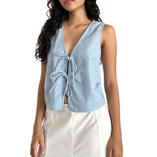 Women Bow Tie Front Vest Top Y2K V Neck Sleeveless Lace Up Tank Top Summer Sexy Solid Color Beach Vacation Tops