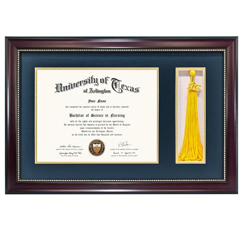 GraduationMall 11x17 Mahogany Diploma Frame with Tassel Holder for 8.5x11 Certificate Document,Real Glass, Navy Blue over Gold Mat