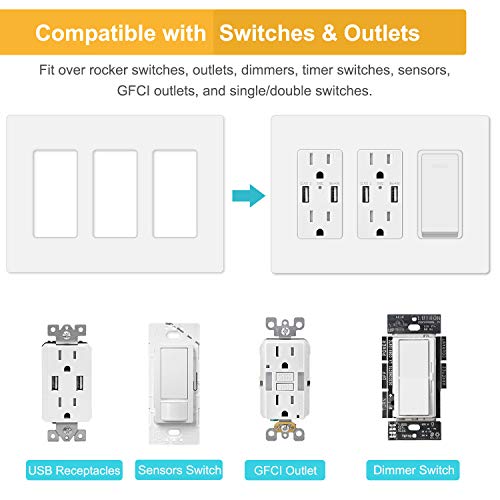 Placa de pared sin tornillos de 3 bandas para interruptor decorativo pack de 6 blanco 3