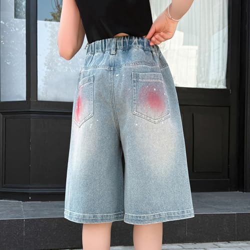 Moonker Kids Girls Bagge Bermud Jeans Distressed Thin Elastic Waist Knee Length Washed Denim Shorts Summer Y2k4