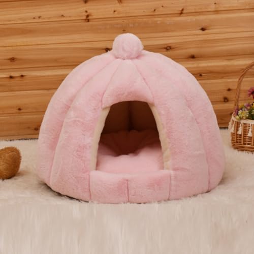 Fiozwea 冬用キャットベッド ドーム型 犬小屋 小動物用 ペット用寝袋 断熱・防寒 愛らしい 柔らかい 洗える 滑り止め付き 小型犬用 室内休憩シェルター マットレス付き (複数色展開) (ピンク,56CM*48CM)