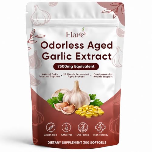 Elare Aged Garlic Extract - 300 Aged Odorless Garlic Extract Softgels Vitalisse AJO Envejecido 2-Year Matured Heart & Immune Antioxidant Supplements Vegetarian Non-GMO All-Natural Gluten-Free