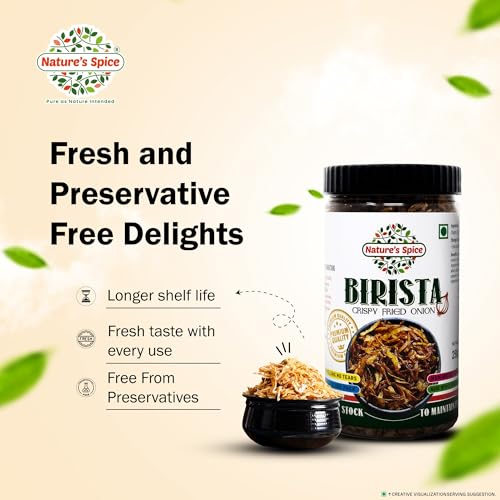 Image of Nature's Spice Birista Fresh Crispy Fried Onion - Pack of 2 (250g Each) Golden Pyaz Used for Biryani, Noodles, Gravies & Indian Curries | Healthy & Tasty Snack | Good Source of Dietary Fiber.