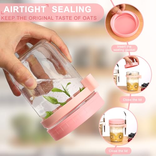 Image of 16 oz Glass Mason Overnight Oats Jars, Large Capacity Airtight Jars for Milk, Cereal, Fruit (Pink-2Pcs) 2 Pack Overnight Oats Containers with Lids and Spoon