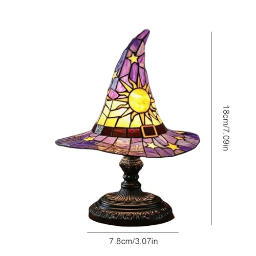 Image of Witch Hat Lamps, Handcrafted Stained Glass Resin Wizard Hat Light Gothic Table Lamp for Halloween Decor, Spooky Night Light for Bedroom and Indoor Parties, Unique Wiccan Gift