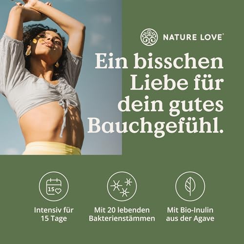 NATURE LOVE® Probiona PLUS - 120 Mrd KBE je Tagesdosis (hochdosiert) - 20 Bakterienstämme + Bio Inulin - 60 magensaftresistente Kapseln - vegan, entwickelt in Deutschland, Markenrohstoff aus Italien