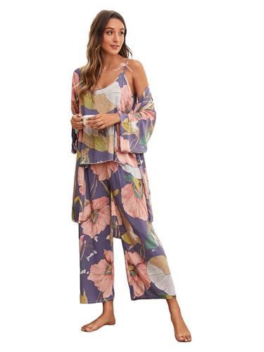 WDIRARA Women's 3 pcs Sleepwear Leaf Print Cami and Pants Pajama Set with Robe