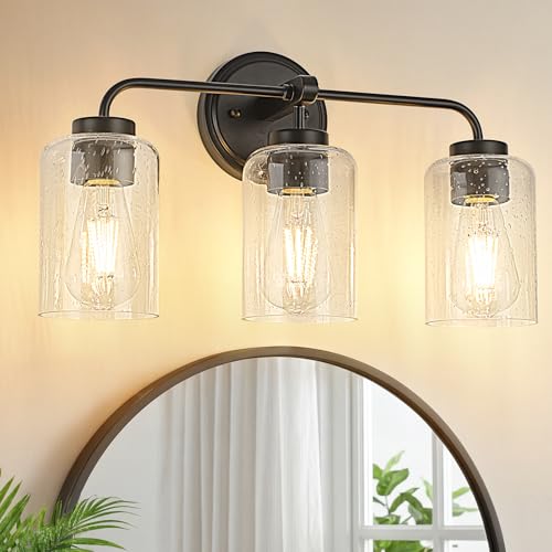 Image of 3-Light Bathroom Vanity Light Fixtures, 18 Inch Black Vanity Light | Thick Seeded Glass, Bathroom Wall Lamp for Mirror, Rust-Proof, Reversible Up /Down Mount, ETL Certified, E26 Ceramic Sockets