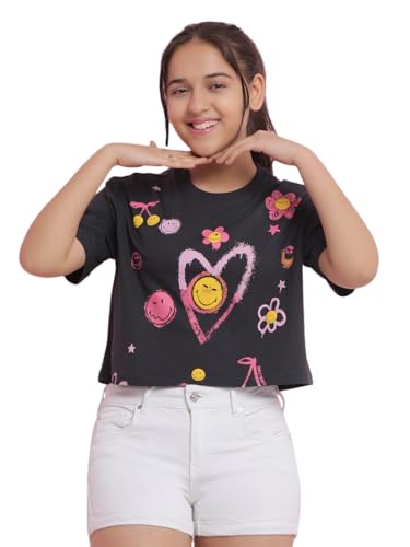 Image of Li'l Tomatoes Girls Crop T-Shirt | 100% Cotton | Graphic Printed Summer Top | Soft & Breathable Casual Wear | 7-16 Years