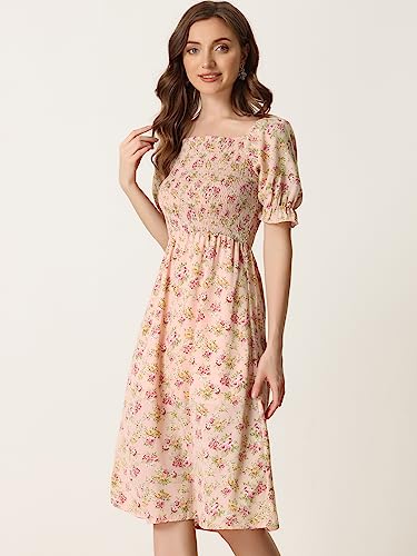 Image of Allegra K Women's Cottagecore Floral Dress Puff Sleeves Smocked Midi Dresses
