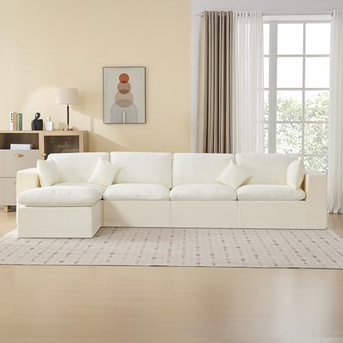 Image of 146''Cloud Boneless Sectional Couch, Modular Sectional Sofa Deep Seat with Ottoman, Oversized Upholstered Convertible Comfy 5 Seater Chenille Sofa L Shape Couches for Living Room, Beige