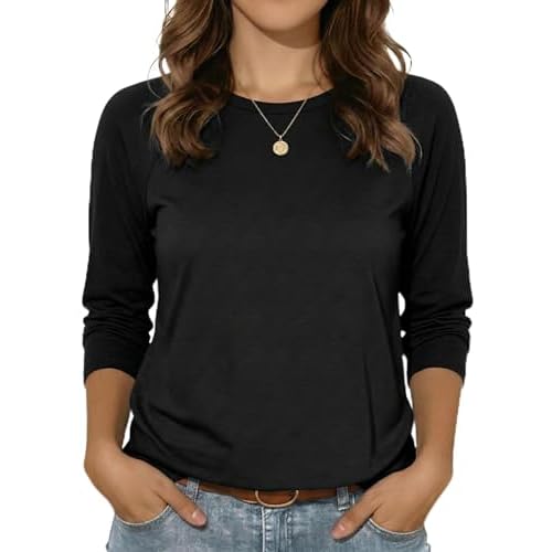 rosemia Womens Shirt 3/4 Sleeve Tops Crew Neck Spring Loose Casual Tshirts Basic Fall Tunic Tops Small A-black