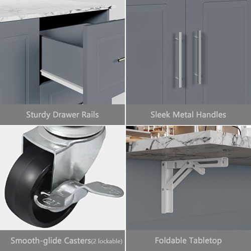 4 EVER WINNER Kitchen Island on Wheels with Storage and Drop Leaf, Marble Tabletop, 43\" Kitchen Island Cart with Towel Rack & Spice Rack, Rolling Islands cart for Kitchen, Gray - Thumbnail 6