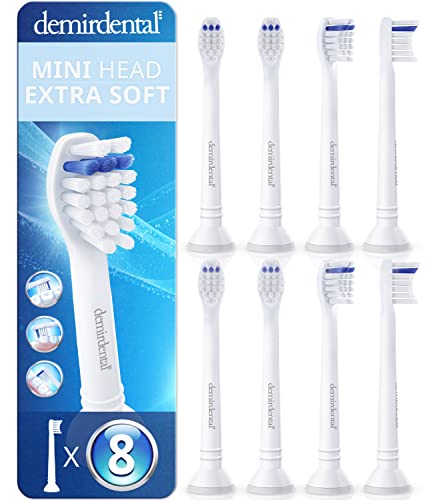 Toothbrush Heads Mini Extra Soft Compatible with Philips Sonicare Toothbrush Heads - Soft & Small Replacement Heads for Sensitive Teeth - Gentle Brush Heads - White - Replaces HX6088e-8 Pack -  demirdental compatible with Philips Sonicare