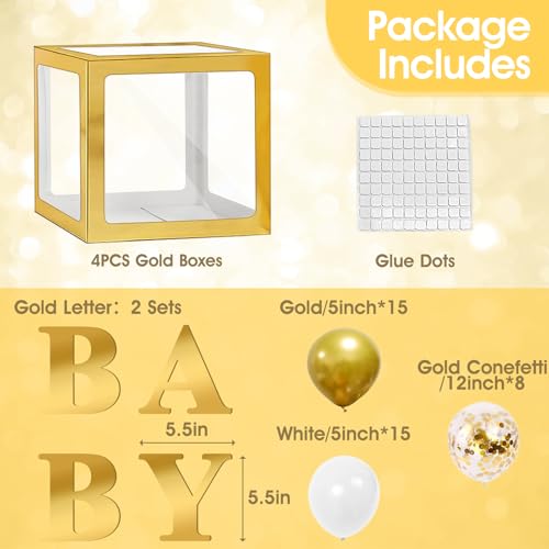 Image of Ledido Baby Boxes with Letters for Baby Shower Decorations with 38 Balloons, 4 pcs Clear Baby Balloon Boxes Blocks for Baby Shower Decor Boy Girl Gender Reveal Decorations Backdrop Party (Gold)