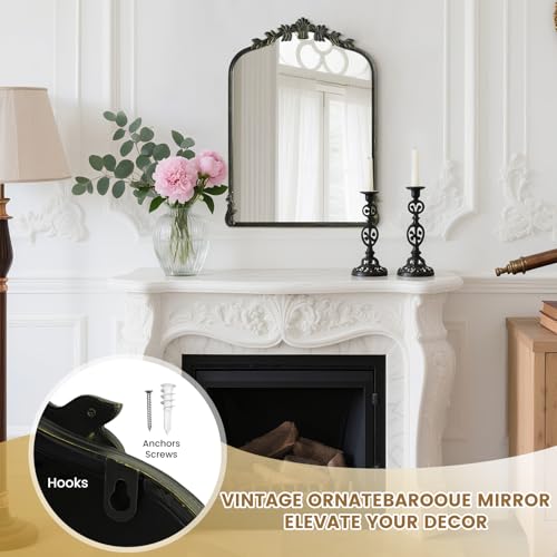Image of WallBeyond Black Antique Mirror for Vanity 22x30 Inch, Black Vintage Mirror with Ornate Frame, Arched Vintage Wall for Bathroom, Living Room, Fireplace