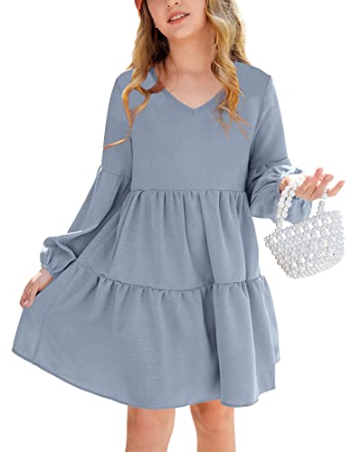 Batermoon Girls' Long Sleeve Dress V Neck Casual Loose Ruffle Swing Tunic Shirt Dresses Blue #TOP2