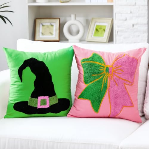 Cinnvoice 2 Pcs Pink and Green Pillow Covers Witch Embroidered Pillow Hat and Bow for Cute Birthday Gift Party Decorations
