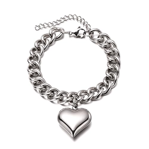 Stainless Steel Statement Chunky Big Puffy Heart Charms Bracelet for Women Thick Statement Chain Link Bracelets for Lover