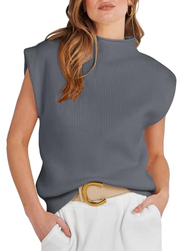 ANRABESS Women's Mock Neck Sleeveless Sweater Vest Casual Cap Sleeve Knit Pullover Tank Tops 2025 Spring Summer Clothes Geep Grey-S