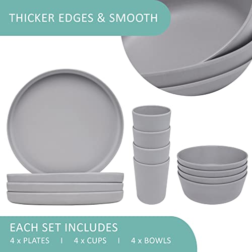 Stephan Roberts Bamboo Dinnerware Set, Eco-Friendly Bamboo Fiber Dinnerware, Dishes Set For 4, Includes Plates, Bowls & Cups, Reusable Unbreakable Dishware Set, Gray, 12Pc Dinner Set #TOP2