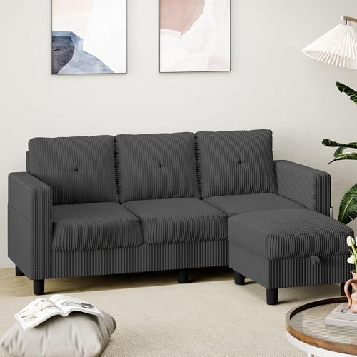 Shintenchi 76" Modern Upholstered Sectional Sofa Couch,L-Shaped Convertible Sofa with Storage Ottoman,Comfy Couches with Side Storage Pockets for Living Room,Dark Gray Corduroy Fabric