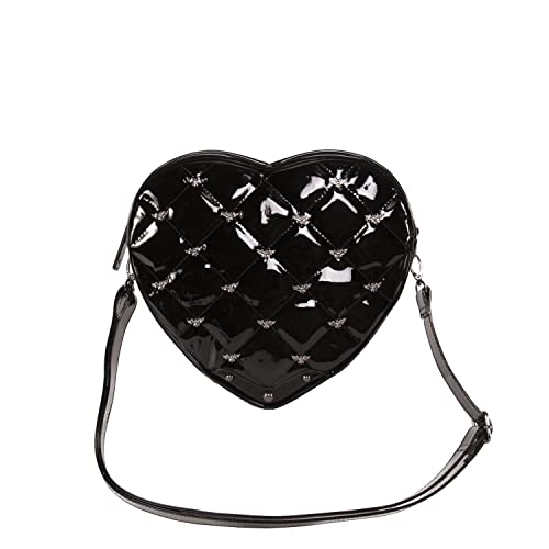 Rock Rebel Quilted Flying Bat Studded Mina Women’s Shoulder Bag Heart Shaped Dracula Purse (Glossy Black)