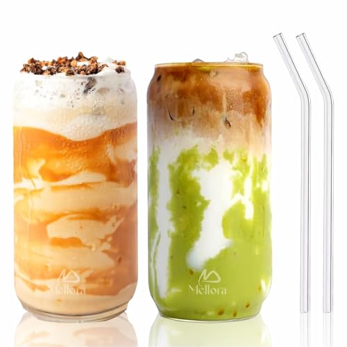 Image of MELLORA Can Shape Glass Tumbler with Straw - Pack of 2 | 540ml Each Transparent Sipper for Mocktails & Cocktails | Ideal for Summer Travel, Outings & Daily Use | Combo Pack for Couples & Unisex