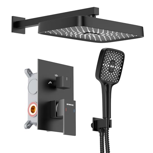 Ronvie Rainfall Shower Set - 11" Large Waterfall Shower Head with Self-Cleaning, 3 Spray Mode with Water Saving Design, Black Matte Finish, Liquid Silicone Nozzles with Shower Valve Included