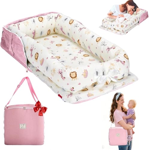 Image of Baby Lounger for Newborn-Portable Baby Lounger 0-24 Months for Home and Travel,Newborn Loungers with Strap, Baby Nest Lounger Adjustable Size,Animal World Pink